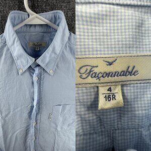 Faconnable Lightweight 16R Check Cotton Button-Down Blue Long Sleeve French Mens